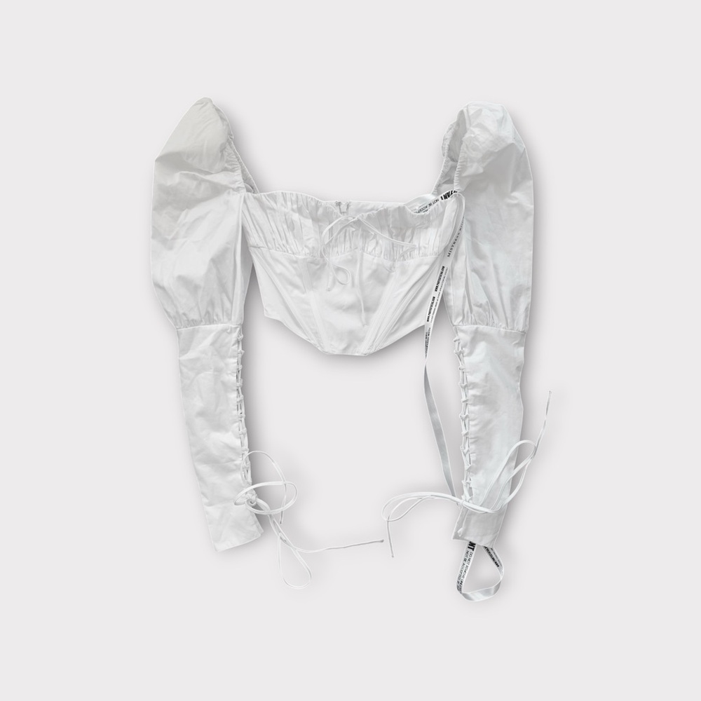 Mistress Rocks Chic White Corset Blouse with Ribbon Details